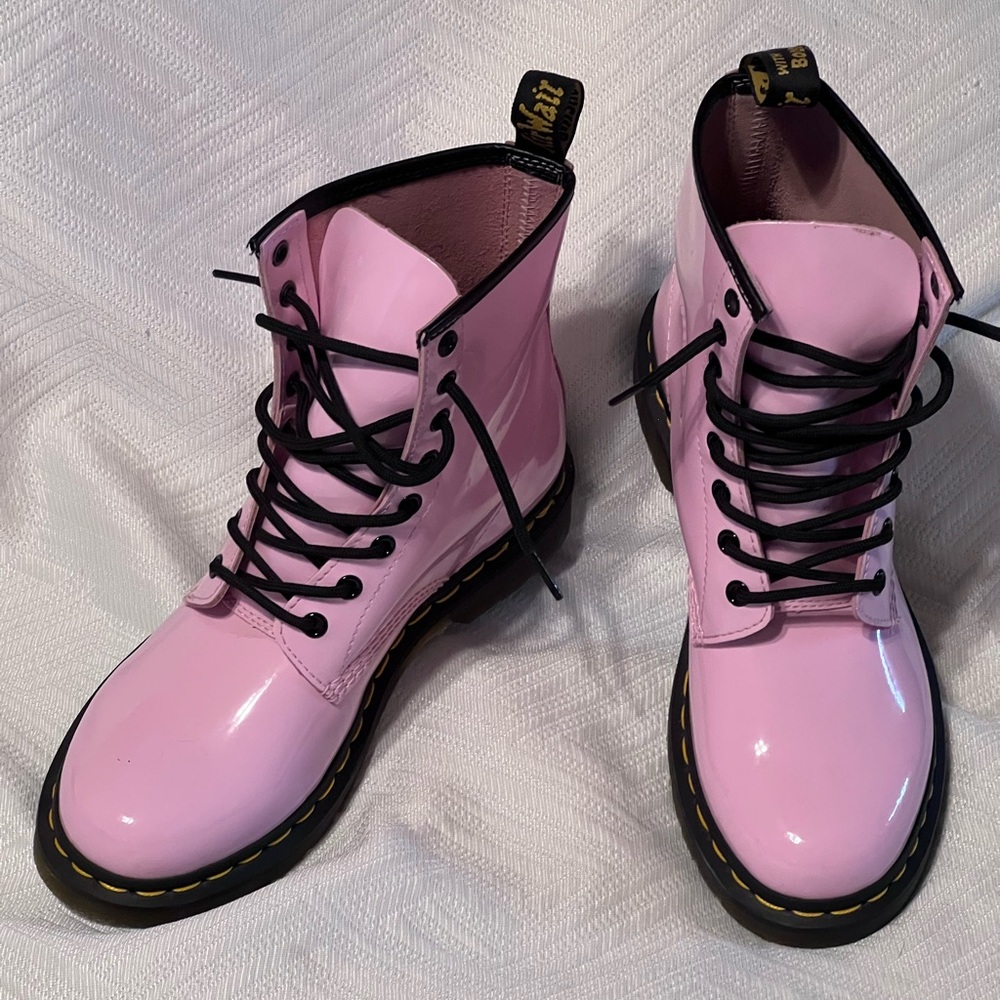Dr Martens Pink Patent Leather boots, Woman’s size 9.
